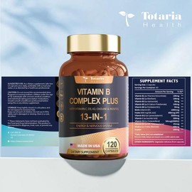 Totaria 13-in-1 Vitamin B Complex Plus with Vitamin B1, B2, B3 (Niacinamide), B4, B5, B6, B7 (Biotin), B8 (Inositol), B9 (Folate), B12, C, D3, K2 - Energy, Nerve, Immune, Skin Support - 120 Vegan Capsules Healthcare Supplement
