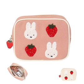 Miffy Boris Square Pouch, Storage Pouch, Cosmetic Pouch, Mini Wallet, Small Item Holder, Convenient to Carry, Strawberry Embroidery, Cute, Stylish, Pink