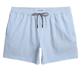 maamgic Men's Swim Trunks 5.5 inch Seersucker Beach Shorts Quick Dry Bathing Suits with Mesh Liner Blue Stripe Small