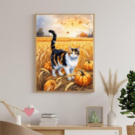 Calico Cat DIY 5D Diamond Painting Kits for Adults, Autumn Harvest and Animals Diamond Art Kits Diamond Painting Full Drill Beginners Gifts Home Wall Decor 12x16 Inch
