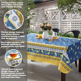 Home Bargains Plus French Country Lemon Grove Square Vinyl Tablecloth with Flannel Backing, 52 x 52 Inch, Yellow and Blue Lemons Vinyl Table Cover for Dining Party and Barbecues