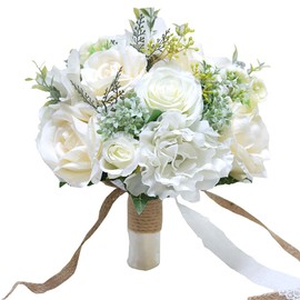 Fiwisora Fiwisora 9.8" Bridal Holding Wedding Bouquet Real-Looking Mixed Flowers Ivory Greenery Bridal Wedding Throw Bouquet for Brides Bridesmaid Hold Flower
