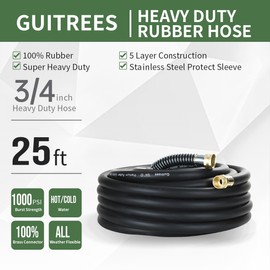 Guitrees 75FT 3/4 Heavy Duty Rubber Garden Hose - 200psi Working, 1000psi Burst - Hot/Cold Water - Five-Layered Braiding for Durability - Versatile for Gardening, Agriculture, Construction(Black)