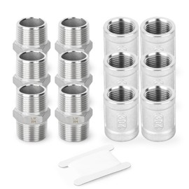 TAISHER 12PCS 304 Stainless Steel Hex Nipple 1/8" MNPT × 1/8" MNPT，Coupling 1/8" FNPT × 1/8" FNPT,Thread Pipe Fitting Kit