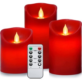 Flameless Battery Operated Flickering Candles:3PACK Red Real Wax Pillar Candle,Electric LED Candle with 10-Key Remote Control and 24 Hours Timer for Home Decoration Holiday Party