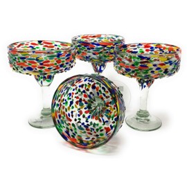 Dos Sueños Mexican Hand Blown Glass – Set of 4 Hand Blown Margarita Glasses Confetti Rock (16 oz) …