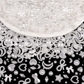 600Pcs 3D Multi Shapes Nail Charms - White Mix Styles Stars Bowknots Heart Pearls for Nail Art DIY Crafts Design Accessories Nail Supplies(White)