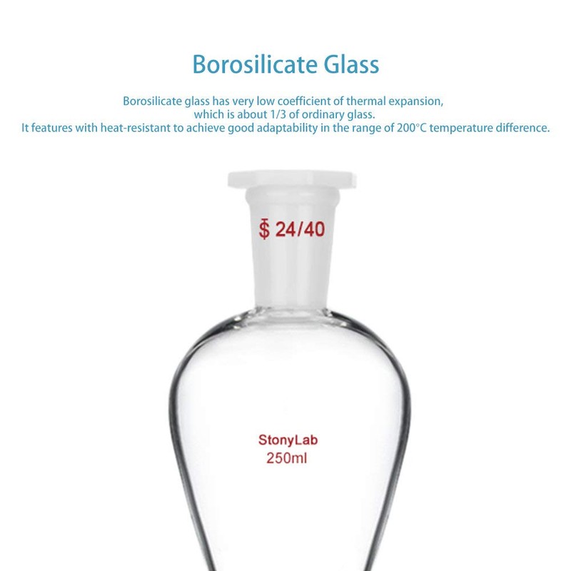 StonyLab Borosilicate Glass 250ml Heavy Wall Conical Separatory Funnel with