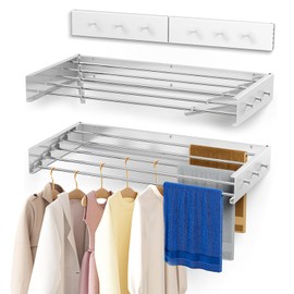 KOBSAINF Wall Mounted Drying Rack, Upgraded Wall Clothes Drying Rack with Hooks On Both Sides, 31.5" Long, 15.75" Wide, with 5 Aluminum Poles and Has A 60 lb Weight Capacity