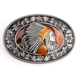 Longcreek Native American Indian Chief Belt Buckle for Men, Native American Warrior Chief Head Belt Buckle, Indian Tribal Chief Filigree Belt Buckle, silver