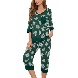 KORSIS Pajamas Set for Women 2 Piece Floral Printed PJ Sets Lounge Sleepwear Green Withe XXL Lightweight 3/4 Sleeve Top and Capri Pants with pockets