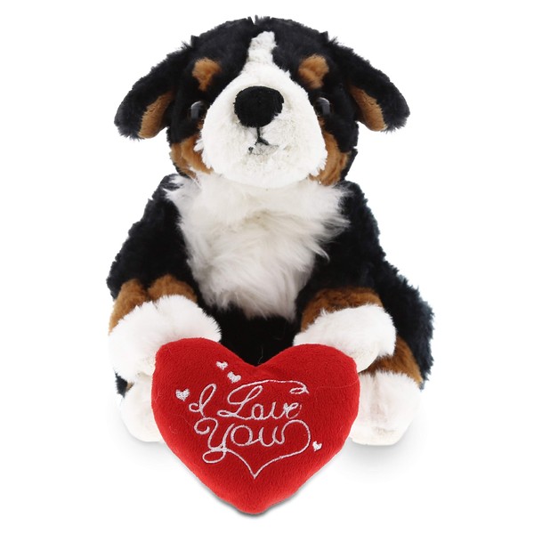DolliBu I Love You Bernese Mountain Dog Plush - Cute Stuffed Animal with Heart and with Name Personalization for Valentines, Anniversary, Romantic Date, Gift - 7 Inches