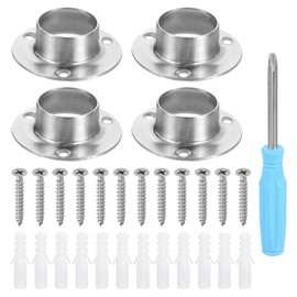 sourcing map 4pcs Stainless Steel Closet Rod Holder Set O-Shaped 1.02" Dia Shower Rod Flange Socket Wardrobe Bracket with Screwdriver and Expansion Tube for Closet Shelf Wardrobe Shower Curtain