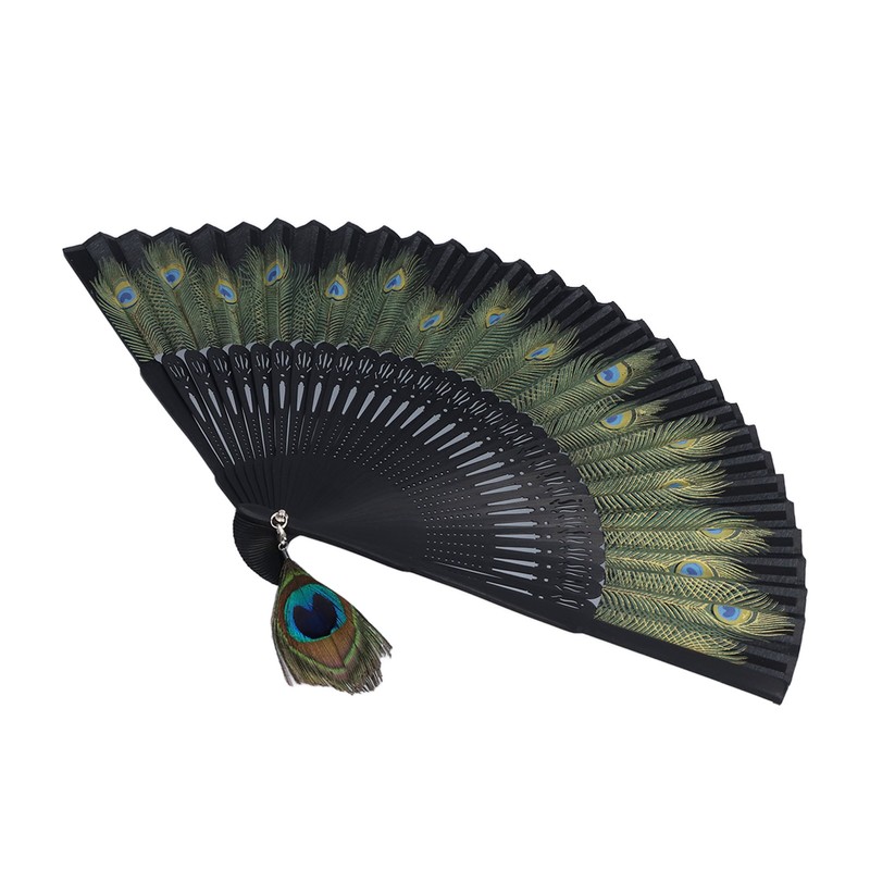Folding Fan Black Bones Beautiful Peacock Pattern Antique Bamboo Hand