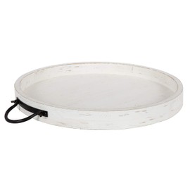 Kate and Laurel Marmora Casual-Farmhouse Round Wooden Decorative Tray with Black Metal Handles, Distressed Coastal White Finish, 18-inch Diameter