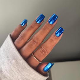 SXVME Royal Blue Cromado Cuadrado Presione En Uñas Cortas Medianas, Metálicas Falsas Uñas Acrílicas Prensas Ons, Espejo Metal Cromo Uñas Pegamento En Uñas Medianas, Cortas de Ataúd Uñas Postizas En 24