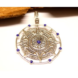Silver Maya Compass Pendant with Lapis Stones Sterling Silver Protection Symbol Unisex, Sterling Silver
