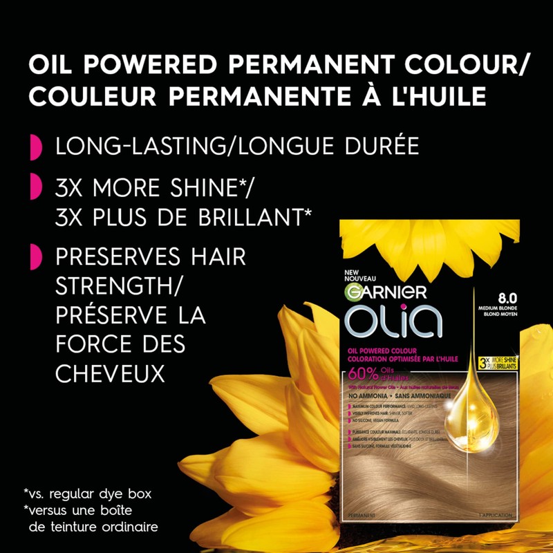 Garnier Olia Permanent Hair Dye, Ammonia-Free Hair Color, 8.0 Medium