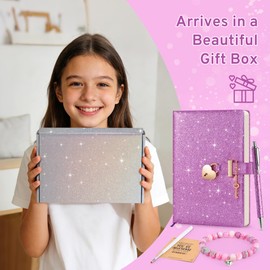 Yonavita Purple Glitter Diary with Lock & Key, No-Shed Sparkle Secret Journal, Birthday Gift for Girls Ages 6-12, A5 Lined Notebook 8.4"x5.7" with Pen, Refill, Bracelet & Gift Box