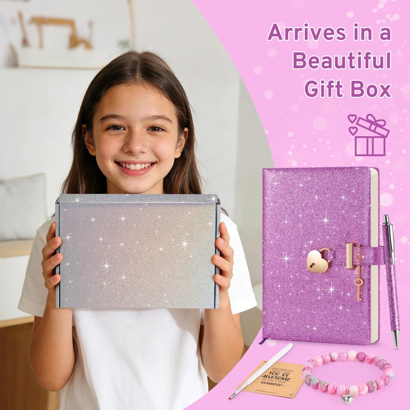 Yonavita Purple Glitter Diary with Lock & Key, No-Shed Sparkle