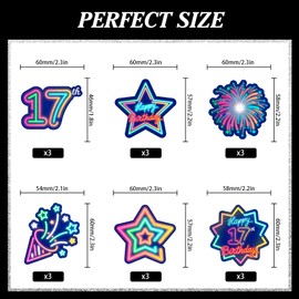 18pcs Glow 17th Cupcake Topper Set Neon Happy Birthday Colorful Glitter Star Black Light Decoration, Let's Go Crazy Glow Theme Party, Anniversary Party, Birthday Party, Birthday gifts for kids
