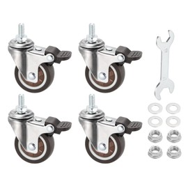 PATIKIL 2 Inch Stem Casters Wheel with Brake, 4 Pack Low Profile TPR Threaded Swivel Wheel 360° Quiet Rotation M8 x 15 mm Total Load 231 Lbs for Rolling Cart Furniture, Brown