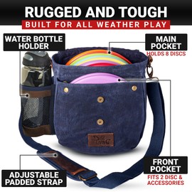 Disc Living Disc Golf Bag | Frisbee Golf Bag | Easy to Carry | Lightweight Fits Up to 10 Discs | 16 oz Waxed Canvas Leather Design | Belt Loop | Double Button Design | Bottle Holder (Black)
