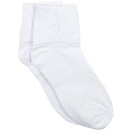 Christening Day White Cotton Anklet Sock with Embroidered Cross - 3-5 Youth Shoe Size