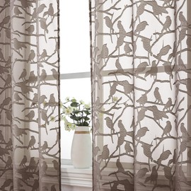 OVZME Anji Sheer Brown Curtains 63 Inches Long, Light & Airy Privacy Textured Brown Sheer Drapes, Dual Rod Pocket Voile Clipped Birds Luxury Sheer Panels for Bedroom Living Room, W38 x L63
