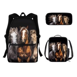 FOR U DESIGNS Backpack for School Kids Book Bag Set 3 Piece Travel Bookbag Insulated Reusable Lunch Box Cute Pencil Case Pouch Organizer Horse Print