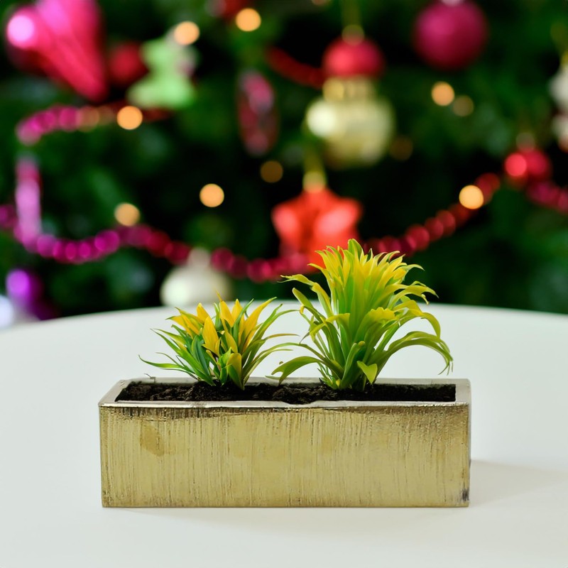 WGVI Long Rectangle Ceramic Planter Vase in Gold Etched 14"