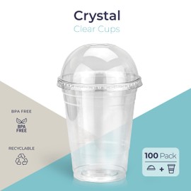 [100 Pack] 20 oz Clear Plastic Cups with Dome Lids, Disposable Iced Coffee Cups, BPA Free Crystal Boba Cup for Party, Smoothie, Juice, Frappuccino, Bubble Boba, Dessert, Fruit, Milkshake