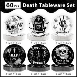 Grencian 60Pcs 30th Birthday Paper Plates 9" Large Disposable Heavy Duty Gothic Death to My 20s Platters Black White Rip My 20s Dessert Plate for Twenties Funeral My Youth Birthday Party Decoration
