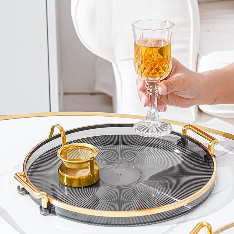 Round Tray with Gold Handle Elegant Multi Functional Golden Rim