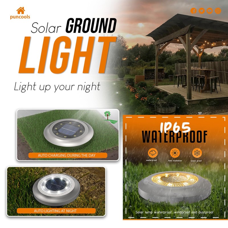 Puncools Solar Lights Outdoor Garden,2 Pack Waterproof Solar Ground Lights