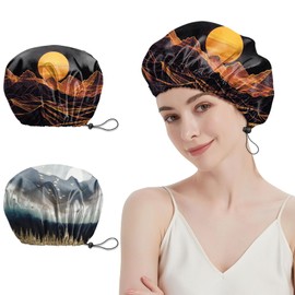 Cabreche 2 PCS Shower Cap Reusable Waterproof Double Layers Hair Caps Large Shower Bath Adjustable Elastic Hat for Women Girls Cute Aesthetic-Sunset Forest