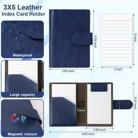 Blue Index Card Holder Leather 3x5 Note Card Holder Wallet Portable Pocket Notepad with Pen Holder Magnetic Index Card Case with Card Solt 20 Pcs Ruled Note Cards For Record Meetings (No Pen)