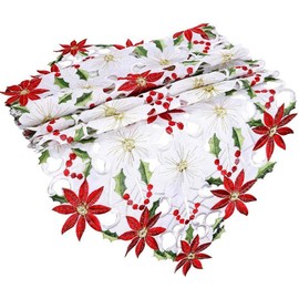 AUTOWT Embroidered Christmas Table Runner, Elegant Table Linens with Poinsettia Holly Leaf and Tassels for Christmas Decoration 15 x 69 inch