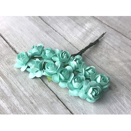 OOKI-144 Pcs 15mm Artificial Mulberry Paper Rose Flower Wedding Scrapbook DIY Craft Scrapbooking Bouquet Craft Stem Handmade Rose Valentines Anniversary Embellishment Mini Paper Rose (Aqua)