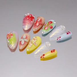Handmade Medium Almond Nails Thick Press on Nails Aurora Colourful Fake Nails with 3D Tropical Flower Art Design Reusable Acrylic False Nails with Glue, Nature Stick on Nail for Wome (Size S)