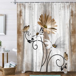 VeiVian Rustic Farmhouse Shower Curtain, Farm Tan Cream Daisy Floral Flowers and Butterfly on Country Wooden Shower Curtain for Bathroom, Beige Brown Shower Curtain with 12PCS Hooks, 70X70IN