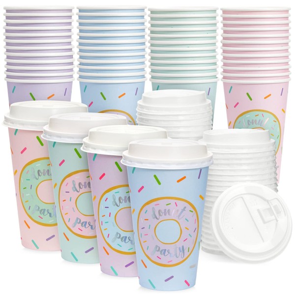 BLUE PANDA 48 Pack Disposable Coffee Cups With Lids for Donut Grow Up Party Supplies, 16 oz, 4 Pastel Designs