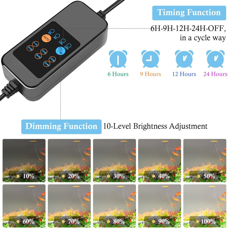 FEDOUR 30-50cm LED Aquarium Light with Timer&10-Level Brightness Adjustment, Full