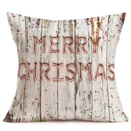Fukeen Set of 4 Merry Christmas Vintage Wood Decor Pillow Covers Buffalo Check Plaids Xmas Tree Deer Mistletoe Throw Pillow Covers Cotton Linen 18x18 Inch Farmhouse Decorative Cushion Case Gifts