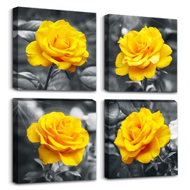 Canvas Wall Art For Living Room Family Wall Decor For Bedroom Modern Kitchen Wall Decorations Black And White Wall Pictures Artwork Yellow Rose Flowers Canvas Art Prints Bathroom Home Decor 4 Piece