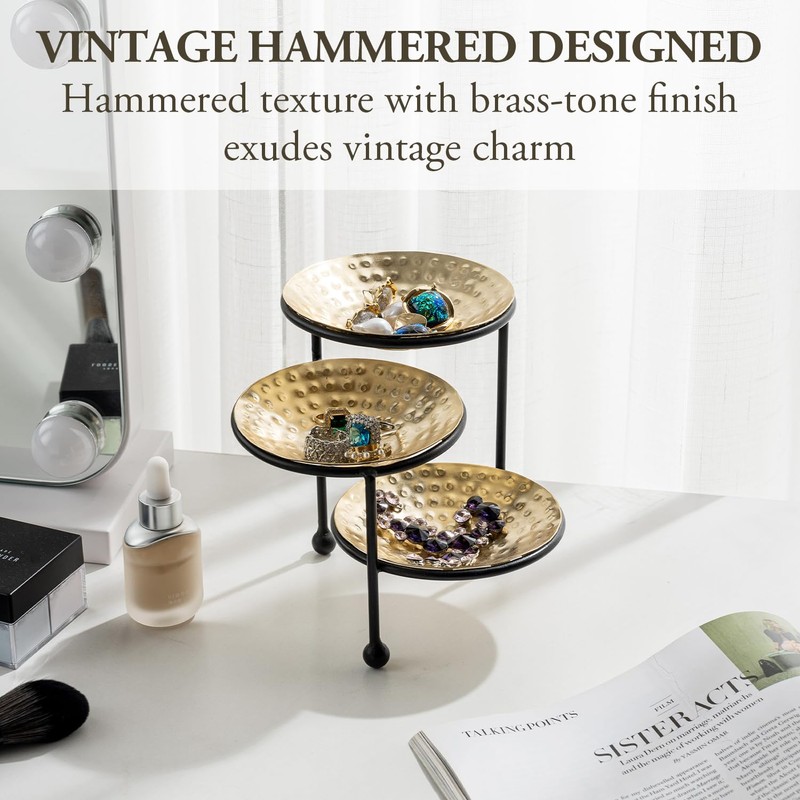MyGift 3 Tier Jewelry Dish Organizer - Hammered Brass Plated
