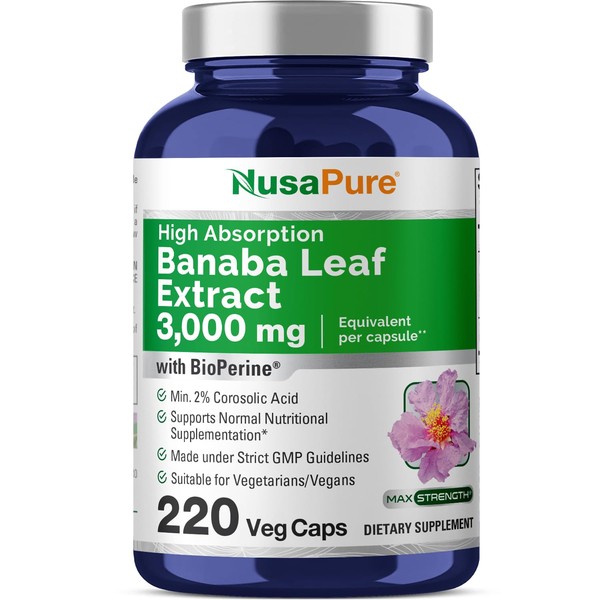 NusaPure Banaba Leaf Extract 3,000mg 220 Vegetarian Caps (Non-GMO, Gluten Free) 2% Corosolic Acid, Bioperine