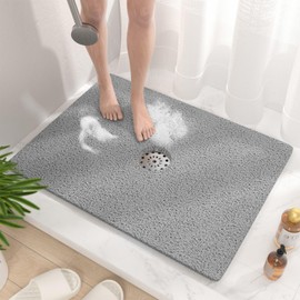 HITSLAM Shower Mat, 24 x 32 Inch Non Slip Bath Mat for Tub, Soft PVC Loofah Bathtub Mats with Drain Holes, Quick Drying Bathroom Stall Floor Mat, Bathroom Accessories Without Suction Cup, Grey