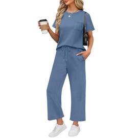 WIHOLL 2 Piece Sets for Women Summer Vacation Airport Cruise Travel Outfits for Airplane 2025 Matching Clothing Trendy Resort Wear Comfy Loungewear Petite Lounge Sets Blue L