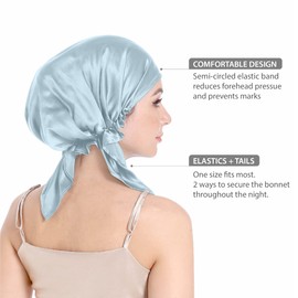 SissiLita 100% Silk Bonnet for Sleeping, Hair Bonnet with Tie Band, Large Silk Sleep Cap for Curly Hair, Silk Hair Wrap for Hair Care (Blue), One Size